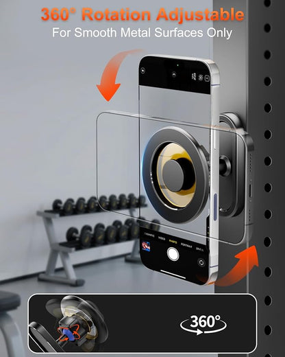 volport Gym Magnetic Phone Holder, Attaches to Metal Surfaces, Double Magnet Mount with 24 Strong Magnets, 360° Adjustable Ball Joint, for MagSafe iPhone 12-17, Gym Accessories for Workout Recording