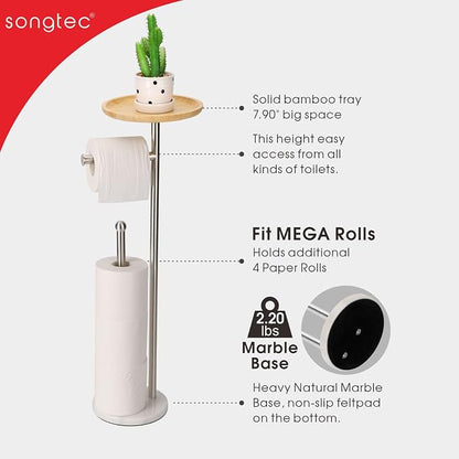 Toilet Paper Holder Stand with 7.9" Big Bamboo Tray, 2.2Lbs Heavier Marble Base, Floor Standing Paper Holder Stand with Phone Shelf, Reserve for 4 Rolls (Brushed Nickel)