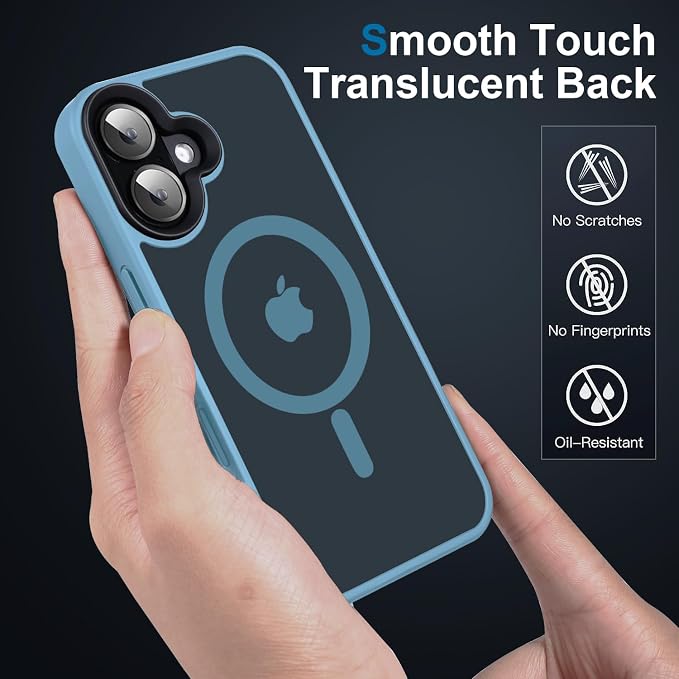 Strong Magnetic Case for iPhone 16 Case [5X-Grade Drop Tested & Compatible with MagSafe] Translucent Anti-Fingerprint Shockproof Protective Cover 6.1 Inch, Light Blue