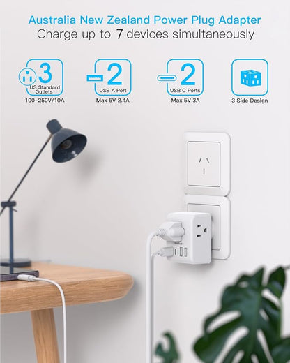 2 Pack Australia New Zealand Power Plug Adapter, Australia Travel Adapter | Type I Plug Adapter with 3 American Outlets 4 USB Charging Ports (2 USB C) for US to Australia, Argentina, China, New Zealand