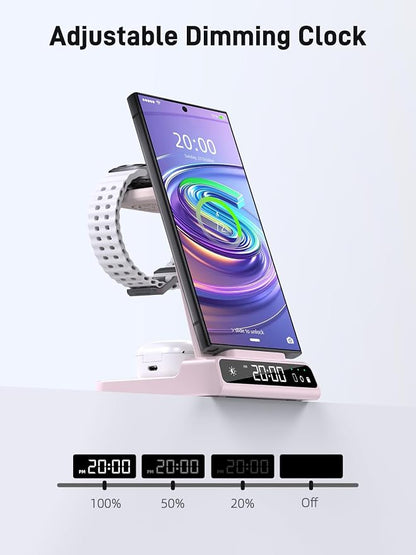 Wireless Charger Samsung Charging Station: 3 in 1 Android Charging Stand with Dimmable Clock - Nightstand Organizer for Galaxy S25 Ultra S24, Galaxy Watch 8 7 6 5 4, Galaxy Buds, Space-Saving Charger