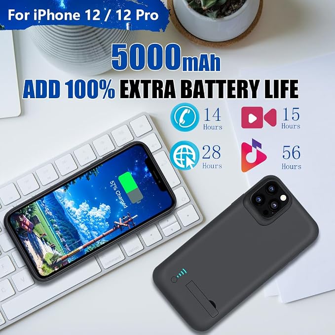 New Battery Case for iPhone 12 / iPhone 12 Pro, 5000mAh Rechargeable Extended Battery Charging Charger Case, Add 100% Extra Juice (6.1 Inches) Black