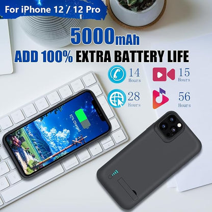 New Battery Case for iPhone 12 / iPhone 12 Pro, 5000mAh Rechargeable Extended Battery Charging Charger Case, Add 100% Extra Juice (6.1 Inches) Black