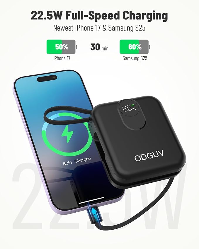 Small Portable Charger with Built-in Cables,22.5W Fast Charging Power Bank,USB-C Mini Battery Pack 10000mAh,Travel Essential Powerbank for iPhone Samsung Android iPad MacBook,Black