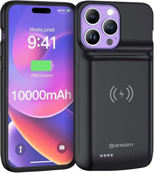 NEWDERY Battery Case for iPhone 14 Pro Max,14 Plus 10000mAh,Qi Wireless Charging,Wired Headset,Sync-Data Supported, Rechargeable Charger Cover for iPhone 14/13/12 Pro Max/14 Plus Black