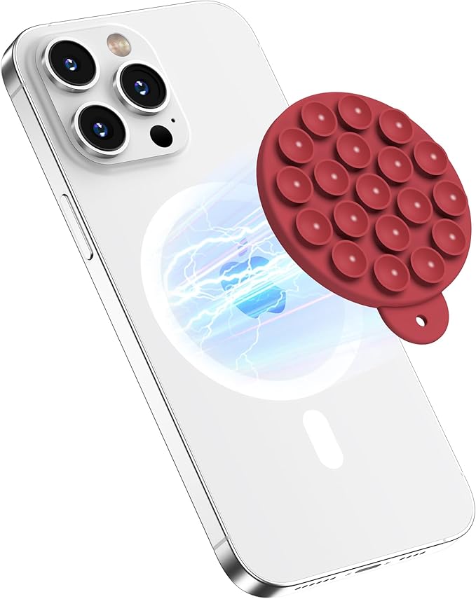 Magnetic Suction Cup Phone Mount with MagSafe, Silicone Hands-Free Grip Holder for iPhone Case and Android, Mirror Shower Phone Stand for Makeup FaceTime Gym Kitchen Bathroom, Deep Red