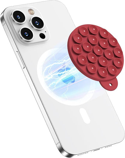 Magnetic Suction Cup Phone Mount with MagSafe, Silicone Hands-Free Grip Holder for iPhone Case and Android, Mirror Shower Phone Stand for Makeup FaceTime Gym Kitchen Bathroom, Deep Red