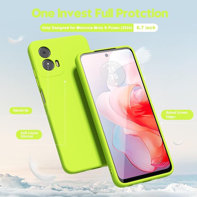 oakxco for Motorola Moto G Power 5G 2024 Phone Case Liquid Silicone, Neon Bright Solid Color, Thin Slim Soft Rubber Gel Matte TPU Plain Simple Cover for Women Girl Cute, Lime Neon Green