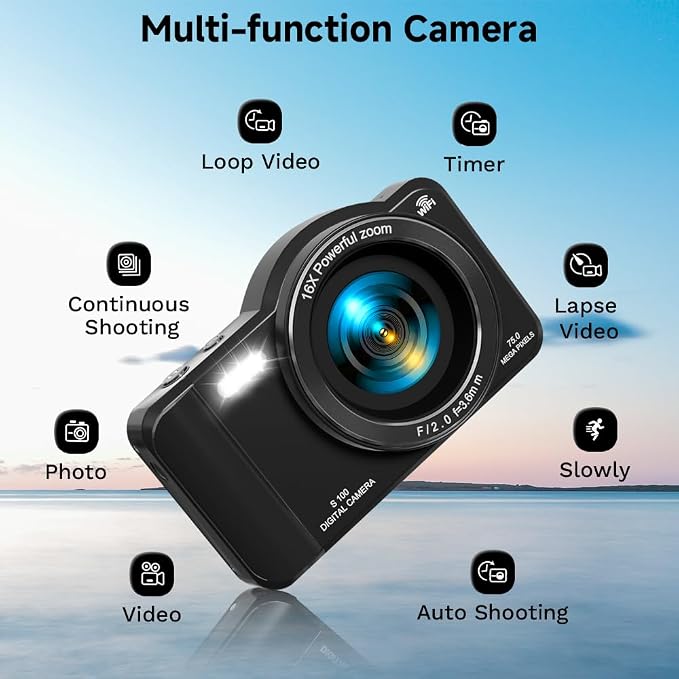 Digital Camera, 4K WiFi 75MP Compact Camera with Touchscreen 16X Zoom, Autofocus Vlogging Travel Camera, 32GB SD Card for Teens Boys Girls Beginners (Black)