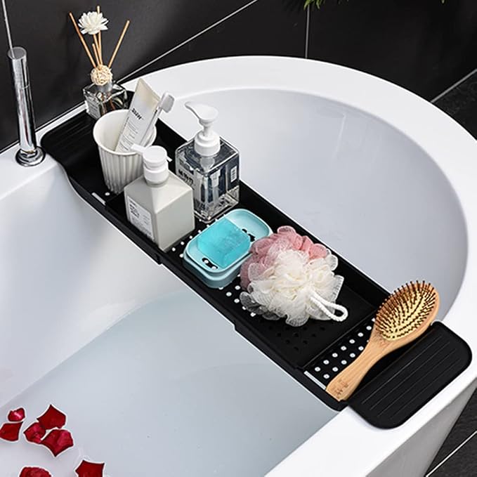 Bathtub Caddy Tray, Expandable Bath Shelf, Adjustable Size from 21.9 to 31 inches Plastic Bathtub Storage Rack, Bathtub Accessories & Bathroom Gadgets, Bath Tub Tray for Kitchen Bathroom (Black)