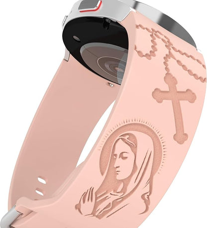 Virgin Mary Lady of Guadalupe Band compatible with Samsung Galaxy Watch Laser Engraved Silicone 20mm Strap 7/6/5/4 40mm 44mm/Watch 6 Classic Watch 4 46mm 42mm Jesus God Wristband Religious (Pink Sand)