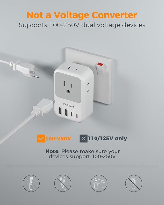 TESSAN US to India Plug Adapter 2 Pack, PD 20W Type D Travel Adapter with 4 AC Outlets 4 USB Ports (2 USB C), India Power Adaptor for USA to Bangladesh Nepal Maldives Pakistan Yemen