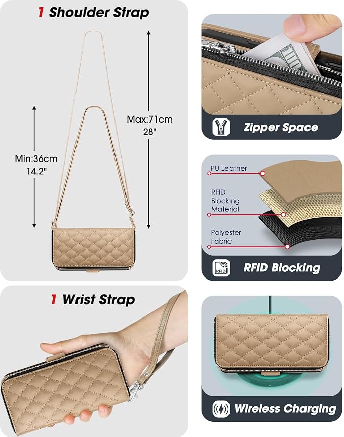 OCASE for iPhone 17 Pro Max Crossbody Wallet Case - Stylish PU Leather Handbag Phone Purse with Zipper Closure, Card Slots & RFID Blocking - Wrist Strap, Lanyard, Kickstand - Diamond Check Khaki