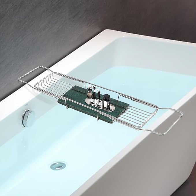 Expandable Bathtub Tray Caddy for Luxury Bath, Extra Wide Acrylic Tub Tray with Natural Marble Board, Waterproof Bath Tub Shelf for Phone, Wine, Book, Tablet Stand - Ideal Home Spa (Silver, Green)