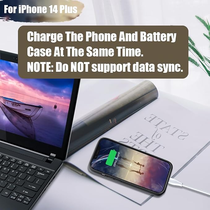 Battery Case for iPhone 14 Plus, 6000mAh Rechargeable Extended Battery Charging Charger Case, Add 100% Extra Juice (6.7 Inches) Black