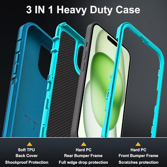 for iPhone 15 Plus Case with 2Pcs Tempered Glass Screen Protector and 1Pcs Camera Lens Protector, Military Grade 3 in 1 Heavy Duty Shockproof/Drop Proof/Dust Proof Case (Blue/Turquoise)