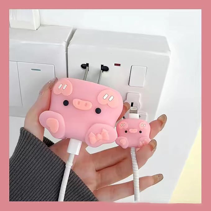 Compatible with Apple 20W/18W USB-C Adapter Charger, 3D Cartoon Protective Case for iPhone 20W USB-C Power Adapter Charger Fast Lightning Cable Cable Cover (Bowknot Pig)