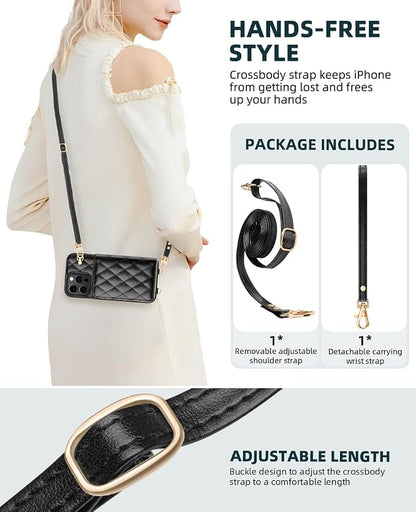 OCASE Compatible with iPhone 16 Pro Crossbody Wallet Case with Card Holder, PU Leather Zipper Handbag Phone Purse with RFID Blocking Kickstand Wrist Strap Lanyard 6.3 Inch, Diamond Check Black