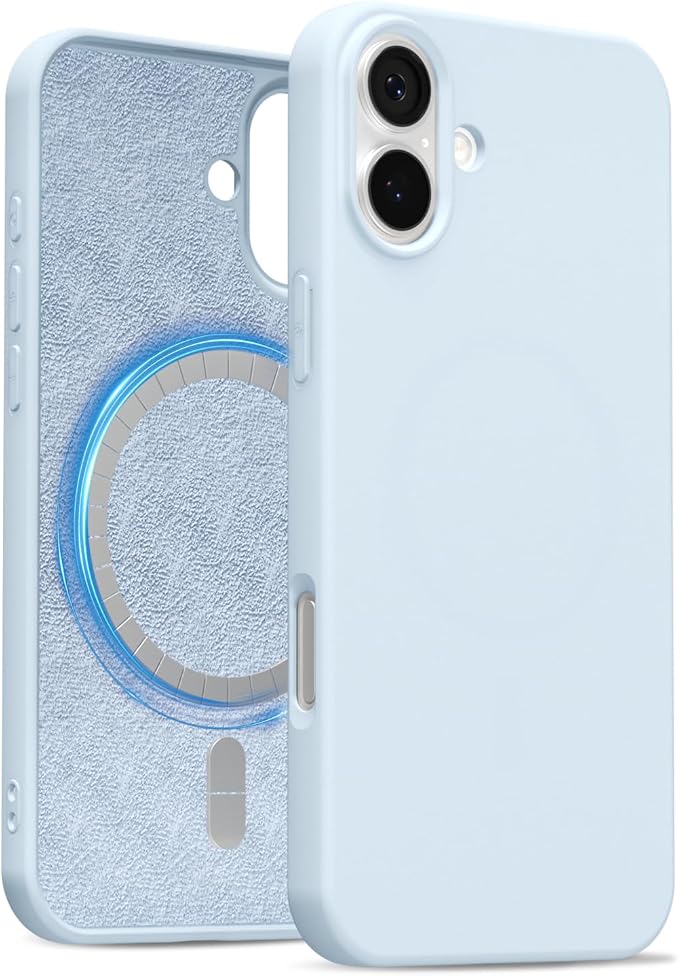 for iPhone 16 Case Silicone Compatible with Magsafe Case, Ultra Slim Thin Magnetic Phone Cases Mag Safe, Cute Soft Rubber Gel TPU Matte Plain Wireless Charging Cover for Women, Light Blue