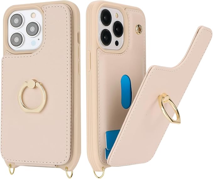 Lipvina for iPhone 13 Pro Case with Card Holder for Women,Crossbody Strap Lanyard,Credit Card Holder,Ring Stand,Snap Clasp,Wallet Case 6.1 inch (Beige)