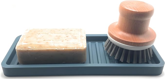 Happitasa Silicone Kitchen Sink Organizer Tray, Sponge Holder and Countertop Protector | Bathroom and Kitchen Soap Dish and Dispenser Tray (Smoky Blue, 9"x3.5", 5.6 Ounces)