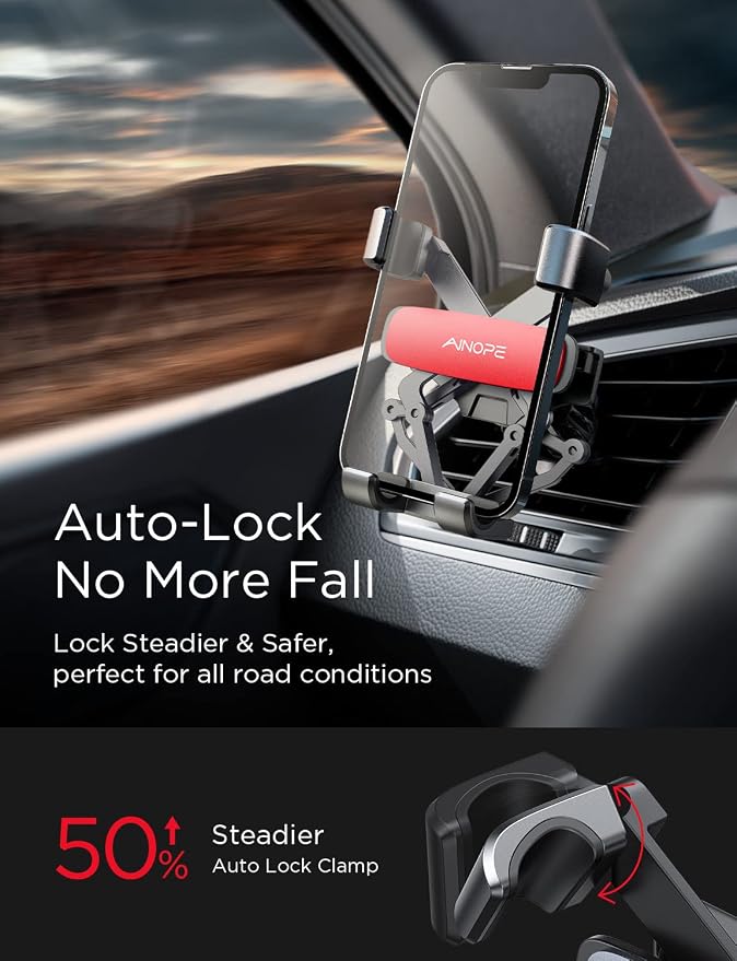 AINOPE Car Phone Holder Mount Vent 2025 Gravity Air Vent Phone Holders for Your Car for iPhone 16 Pro Max with Vent Clip Hand Free Cell Phone Car Mount Holder for iPhone 15 Plus Samsung Red