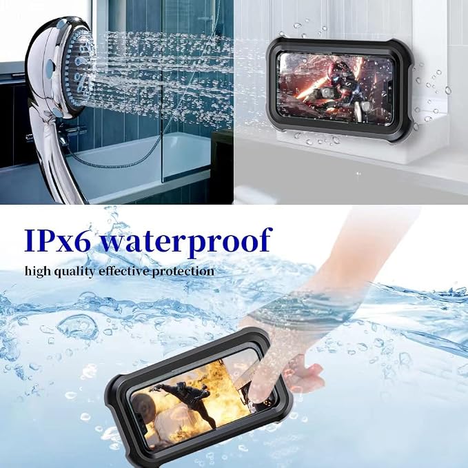 Upgraded 480° Rotating Shower Phone Holder Waterproof Case with Touch Screen,OOLYICO Shower Accessories Guardian Buddy Phone Holder Wall Mount Shelf in Bathroom Bathtub for 4" - 7" Cell Phone -Black