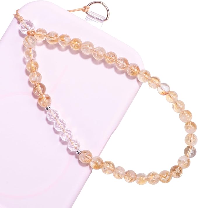 TEAMOLA Natural Stone Phone Charm, Handmade Crystal Cellphone Chain for Universal, Beaded Healing Anti Theft Phone Wrist Strap with Tether Tab, Citrine & Clear Quartz