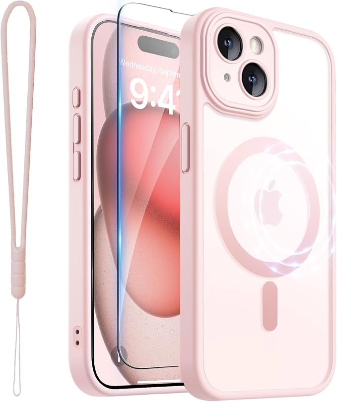 ROYBENS for iPhone 15 Matte Clear Case Compatible with Magsafe, Full Camera Lens Protection, Screen Protector, Wrist Strap, Translucent Magnetic Slim Hard Protective Phone Cover,6.1-Inch, Pink