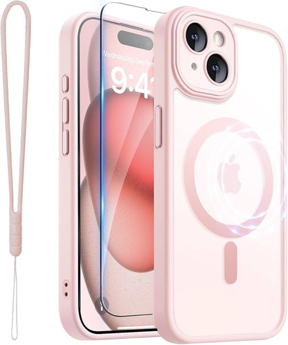 ROYBENS for iPhone 15 Matte Clear Case Compatible with Magsafe, Full Camera Lens Protection, Screen Protector, Wrist Strap, Translucent Magnetic Slim Hard Protective Phone Cover,6.1-Inch, Pink