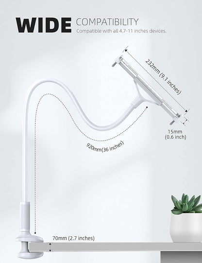 Lamicall Gooseneck Tablet Mount Holder for Bed Flexible Tablet Arm Clamp for Bed, as Gifts Compatible with Pad Pro 10.5, Air 9.7, Mini 7.9, Galaxy Tabs, Switch, More 4.7-11" Device - White