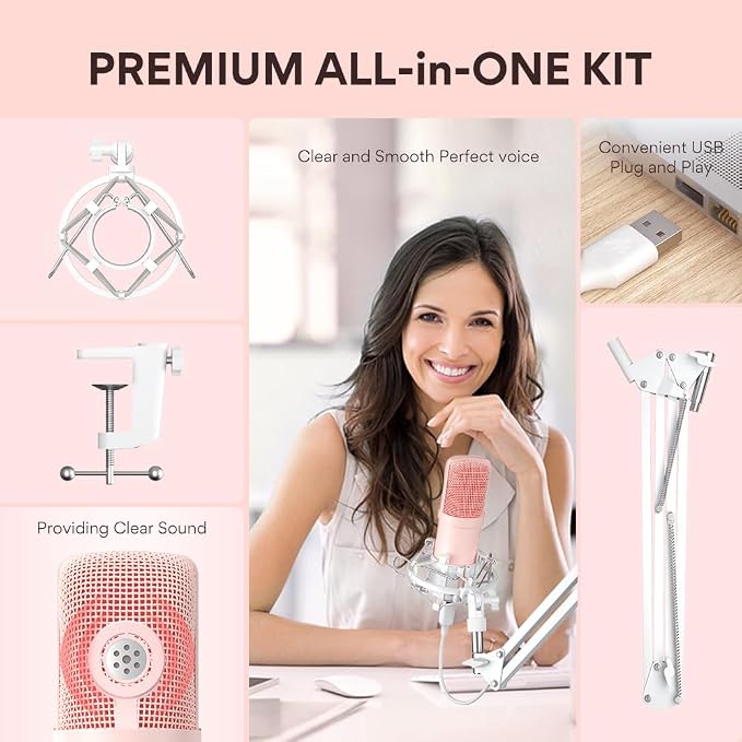 MAONO USB Microphone, 192kHz/24bit Plug & Play PC Computer Podcast Condenser Cardioid Metal Mic Kit with Professional Sound Chipset for Recording, Gaming, Singing, YouTube, AU-A04 Pink