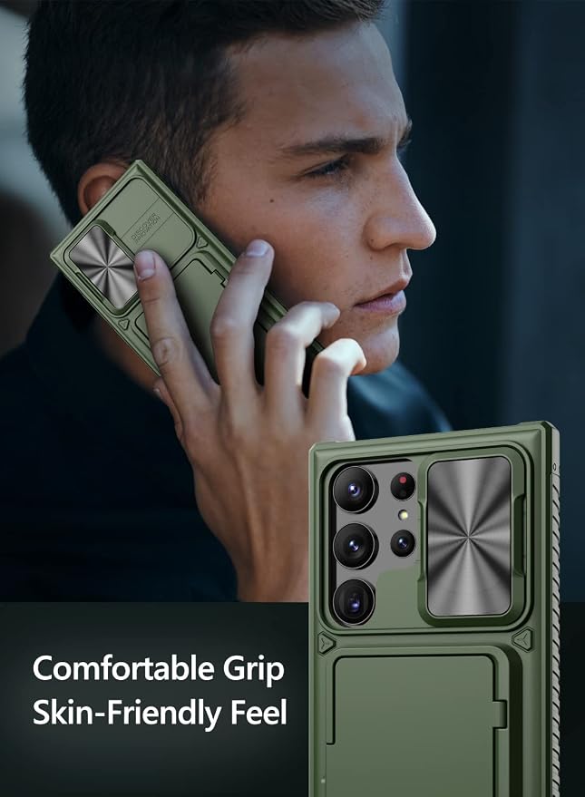 Vihibii for Samsung Galaxy S23 Ultra Case with Card Holder (4 Cards) & Sliding Camera Cover & Kickstand, Shockproof Rugged Hard Back & TPU Edge Wallet Case for Galaxy S23 Ultra 5G 6.8" 2023, Green