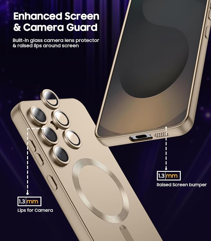 Magnetic for Samsung Galaxy S25 FE Case [Compatible with MagSafe][Built-in Camera Lens Protector] Slim Soft Silicone Bumper Shockproof Metallic Luster Phone Case, Gold