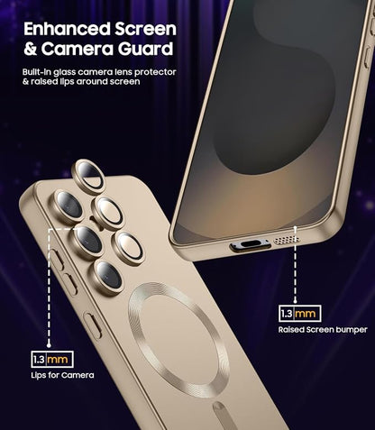Magnetic for Samsung Galaxy S25 FE Case [Compatible with MagSafe][Built-in Camera Lens Protector] Slim Soft Silicone Bumper Shockproof Metallic Luster Phone Case, Gold