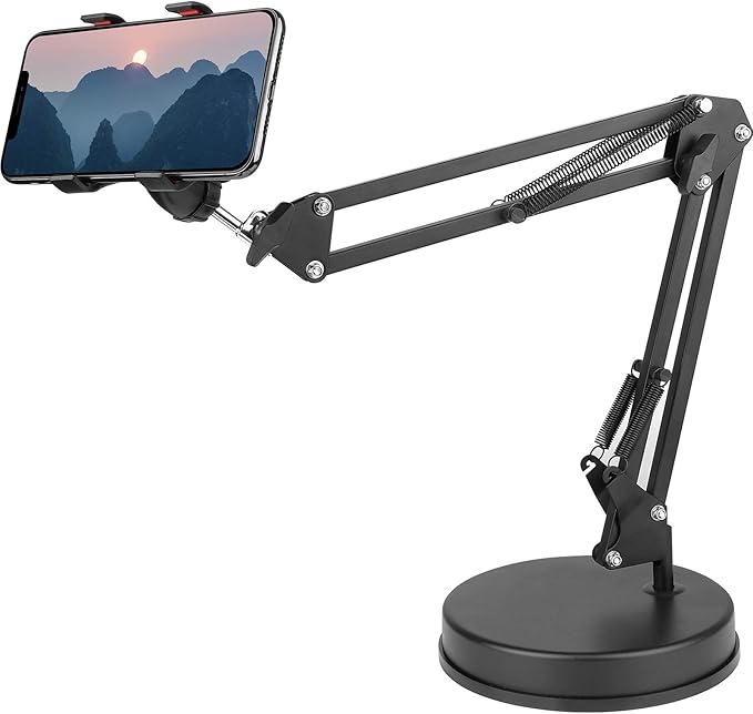 Chromlives Overhead Phone Mount - Articulating Arm Stand with Base, 360 Adjustable Phone & Tablet Holder