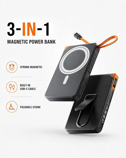 for Magsafe Power Bank iPhone, USB C Magnetic Portable Charger Fast Charging Built in Cable, 10000mAh Wireless Battery Pack for iPhone17/16/15/14/13/12, Travel & Daily Use Essentials Powerbank