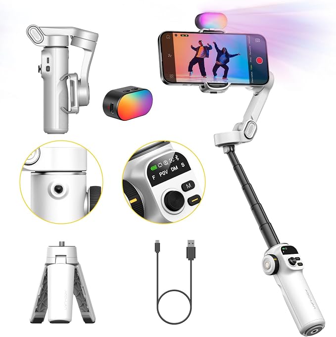 AOCHUAN Gimbal Stabilizer for iPhone w/RGB Magnetic Fill Light, Foldable Gimbal w/7.8' Extension Rod & OLED Display for Vlogging & Filmmaking, Compatible with iPhone 16/15 Pro Max-Smart X2 Kit White