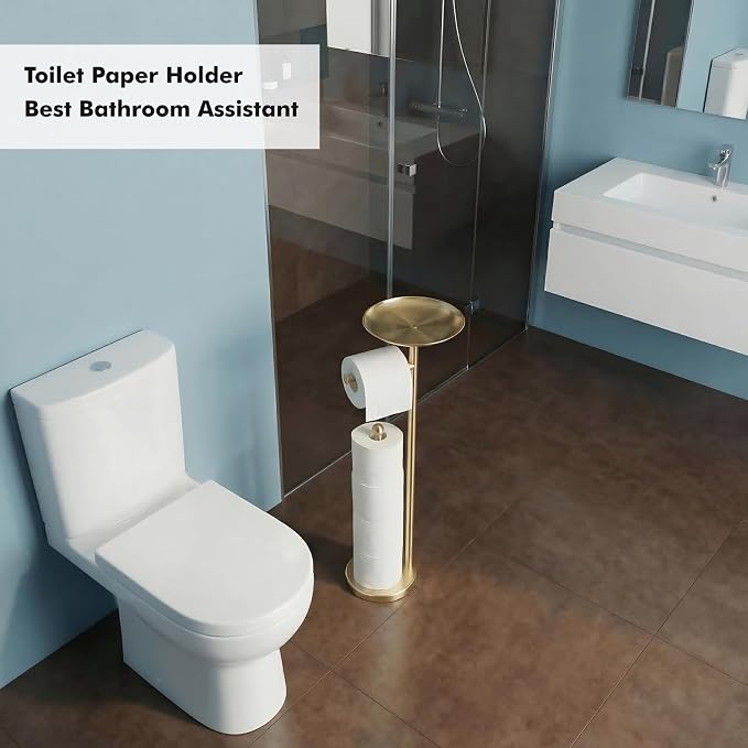 Gold Toilet Paper Holder with Shelf, Freestanding Toilet Paper Holder Stand with Storage for Holding Extra 4 Toilet Paper Rolls, Heavy Base No Tipping Over (Stainless Steel, Gold)