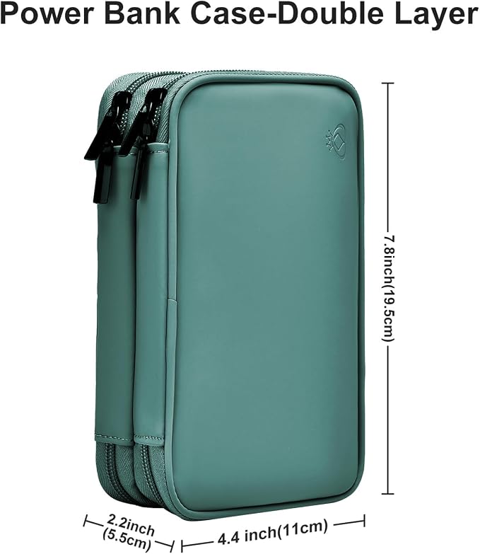 Portable Charger Organizer Travel Case Shockproof Power Bank Bag for Anker/Jackery/RAV/20000mAh Power Bank Leather Waterproof Electronic Case for PowerCore (Deep Green, Double Layer)