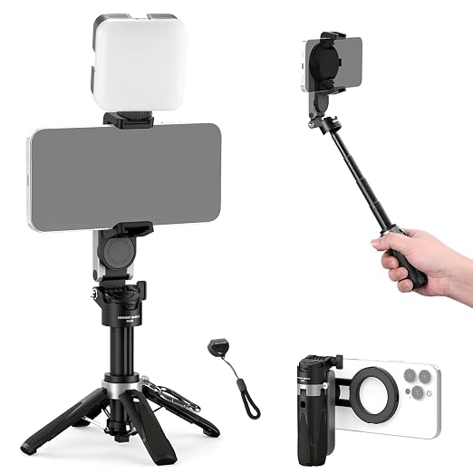 NEEWER BASICS Magnetic Selfie Stick Tripod Compatible with Magsafe iPhone Samsung Android, Portable Desk Cell Phone Stand Grip Holder Extendable with Detachable Remote for Video Recording, PA985 Black