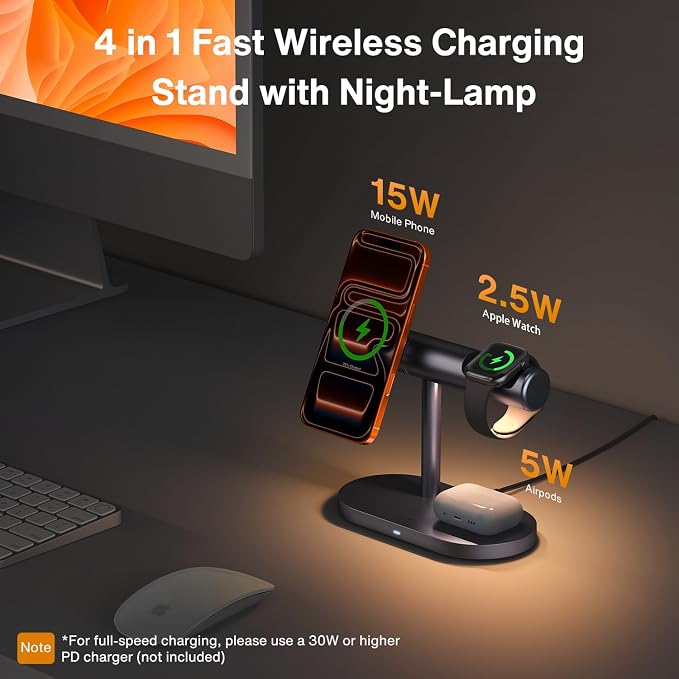 iVANKY 4 in 1 Qi2 Certified Wireless Charger Stand for iPhone 17e, Night Light for MagSafe Charging Station, 25W Charge for iPhone 17/16/15/14/13/12/11 Plus/Pro/Max,Apple iWatch, Airpods Pro 2/3