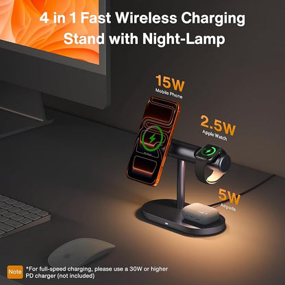 iVANKY 4 in 1 Qi2 Certified Wireless Charger Stand for iPhone 17e, Night Light for MagSafe Charging Station, 25W Charge for iPhone 17/16/15/14/13/12/11 Plus/Pro/Max,Apple iWatch, Airpods Pro 2/3