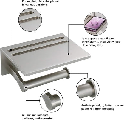 Toilet Paper Holder with Shelf, Aluminum Tissue Roll Holder with Mobile Phone Storage Shelf for Modern Bathroom, 3M Self Adhesive No Drilling or Wall-Mounted with Screws, Brushed Nickel