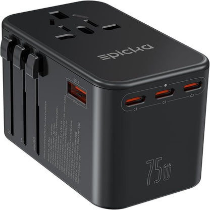 EPICKA Universal Travel Adapter, GaN 75W International Plug Adapter with 3 USB-C PD Fast Charging & 2 USB-A Quick Charging Adaptor All-in-one Wall Charger for USA EU UK AUS (TA-105 Max, Black)
