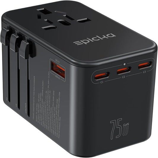 EPICKA Universal Travel Adapter, GaN 75W International Plug Adapter with 3 USB-C PD Fast Charging & 2 USB-A Quick Charging Adaptor All-in-one Wall Charger for USA EU UK AUS (TA-105 Max, Black)