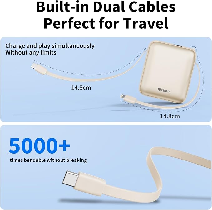 Hichain Small Portable Charger with Built in Cables LED Display Gold | Mini Power Bank 10000mAh 22.5W USB-C Fast Charging Battery Pack, Travel Essential Power Bank for iPhone, Samsung, Android