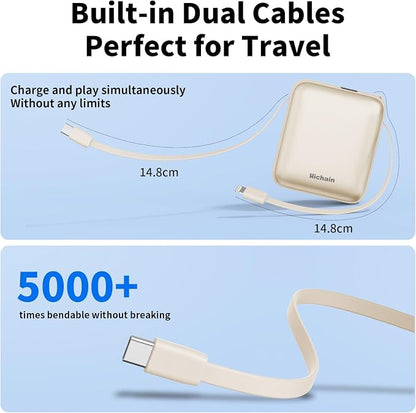 Hichain Small Portable Charger with Built in Cables LED Display Gold | Mini Power Bank 10000mAh 22.5W USB-C Fast Charging Battery Pack, Travel Essential Power Bank for iPhone, Samsung, Android