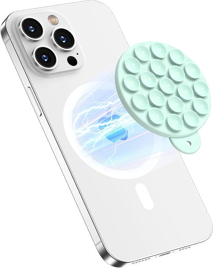 Magnetic Suction Cup Phone Mount, Compatible with MagSafe, Silicone Octo Cup Buddy Sticky Grip Holder for iPhone and Android, Removable Hands-Free Selfie/Video for TikTok, Mint Green