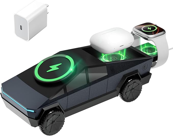 CyberDock 3-In-1 Wireless Charging Station, Cybertruck 1:25 Scale Charger with Qi2 Certified 15W Charging for iPhone iWatch AirPod, Magnetic Rotating Charger with Ambient Light, 30W Adapter, Deep Blue